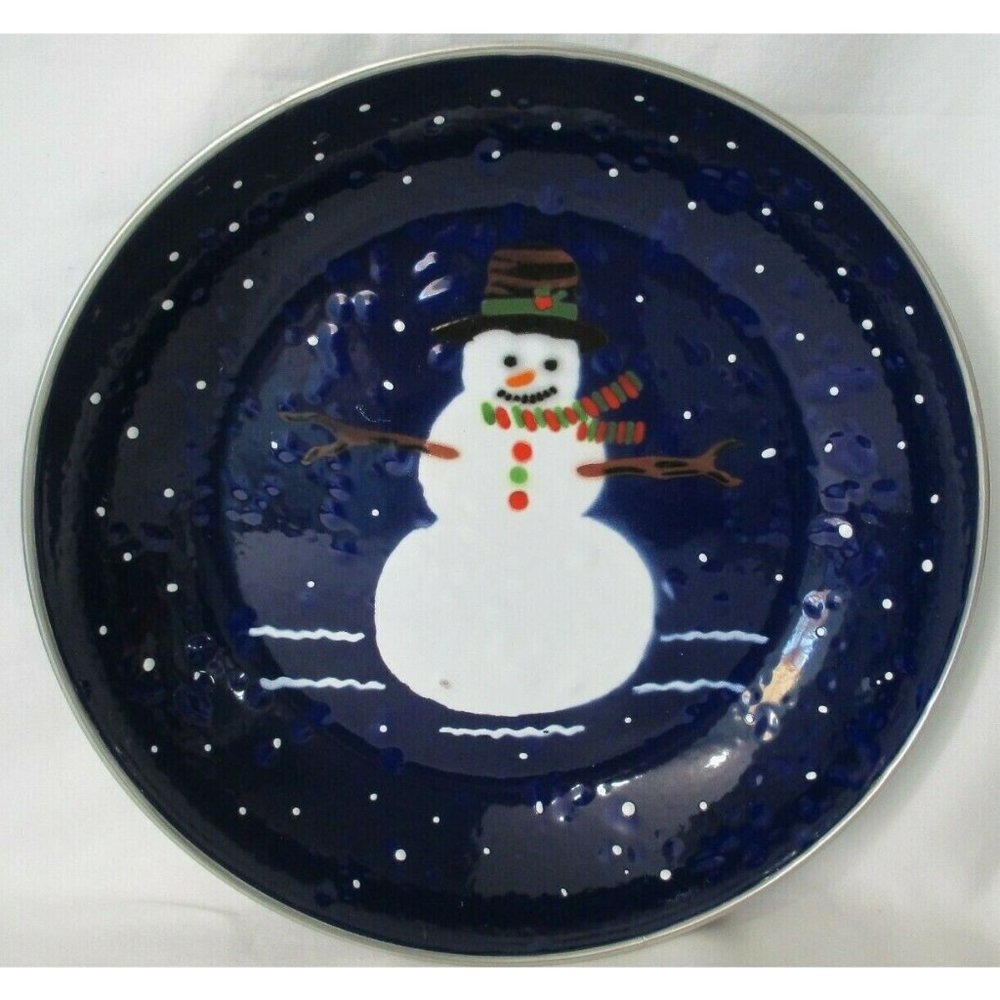 Vintage Rustic Enamelware Snowman Bowl Golden Rabbit by Denise Harvey 1997 GUC